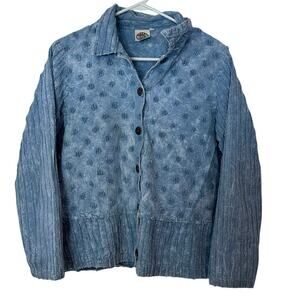 Produce Company Womens Button Down Denim Shirt Size M Swiss Dot 100% Cotton Blue